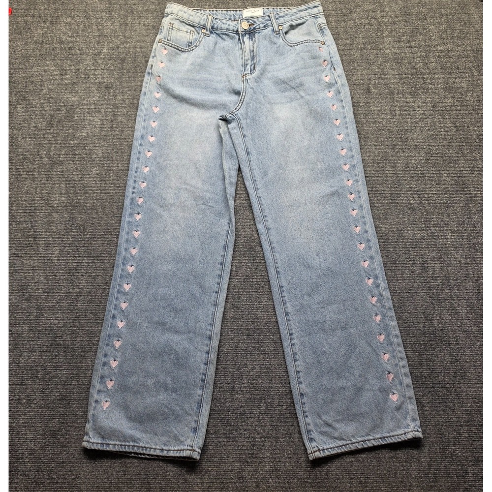 GOGO Jeans Size 7/28 Pink Heart Embroidered Side Seam Straight Wide Leg Jeans